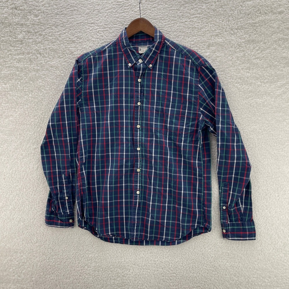J.Crew Shirt Mens L Blue Red Sunwashed Oxford OCBD Plaid Preppy Luxury Casual